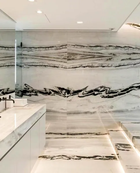Bathroom and kitchen in white with black veins