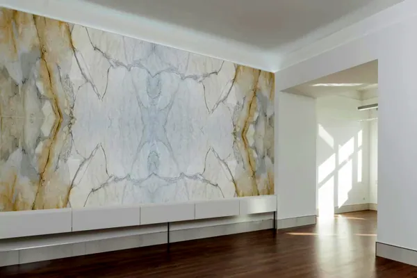 Island, wall and table in a light stone (rendering)