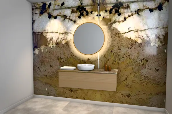 Bathroom with a book-matched stone wall (rendering)