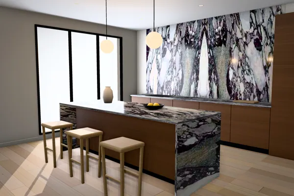 Kitchen with a waterfall island and stone backsplash (rendering)