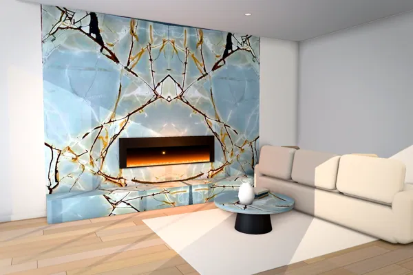 Living room with a stone-clad fireplace (rendering)